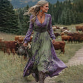 Vintage Purple Floral Patchwork Linen V Neck Maxi Dress elevenforest