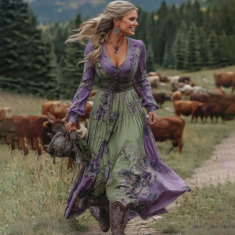 Vintage Purple Floral Patchwork Linen V Neck Maxi Dress elevenforest