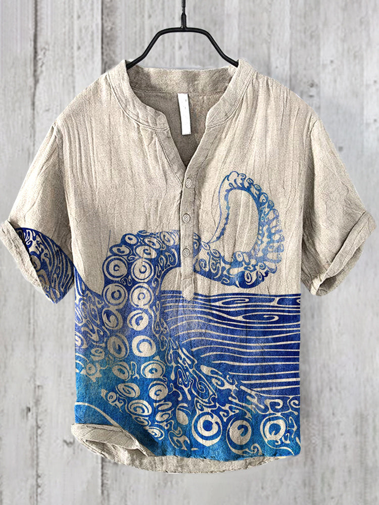 Ocean Octopus Japanese Art Linen Blend Shirt elevenforest
