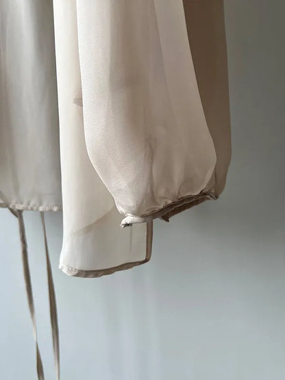 Bishop Sleeve Long Sleeves See-through Split-joint Tied Collarless Blouses&shirts Tops