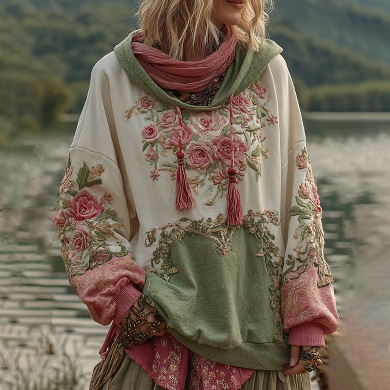 Women's Rose Embroidery Patchwork Art Casual Hooded Sweatshirt elevenforest