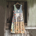 Vintage Patchwork Cute Cat And Floral Art Linen Tank Dress
