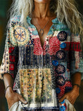 Women's Vintage Patchwork Pattern Art Print Casual Cotton Linen Shirt