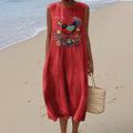 Women's Flower And Bird Embroidery Art Round Neck Tank Midi Dress elevenforest