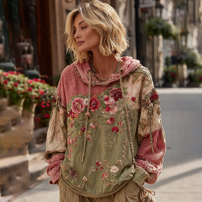 Women's Vintage Floral Embroidery Art Casual Hoodie elevenforest