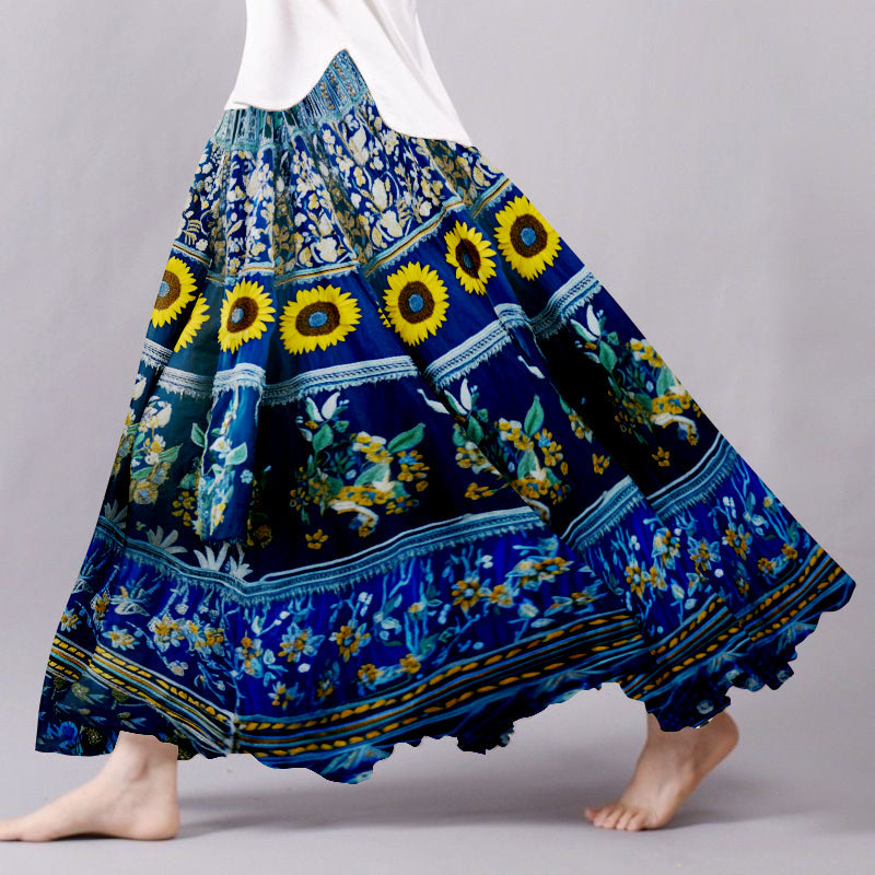 Vintage Sunflower With Ethnic Embroidered Pattern Flowy Wide Skirt elevenforest