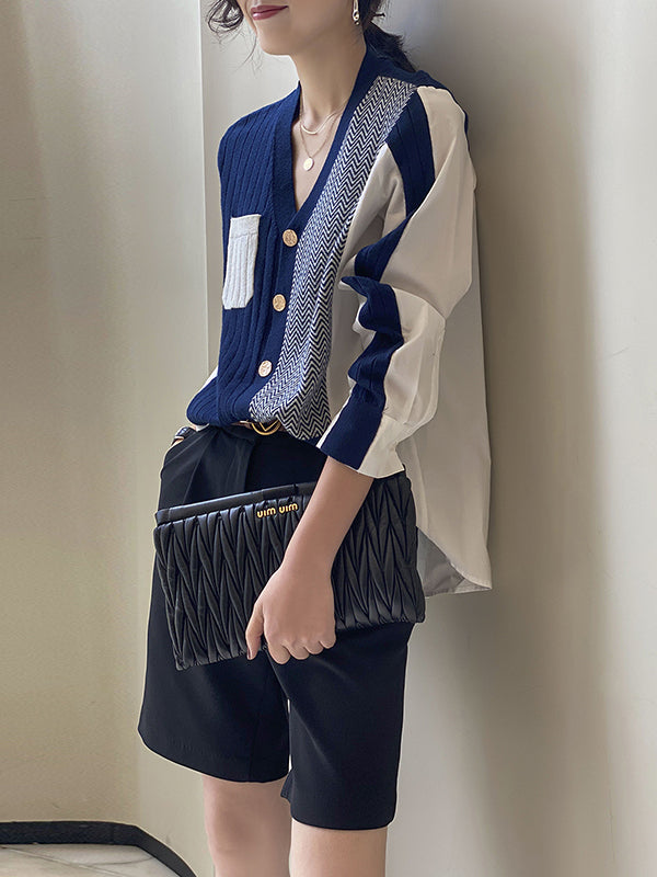 Urban Long Sleeves Contrast Color Split-joint V-neck Cardigan Tops