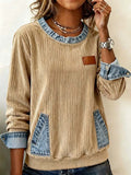 Women'S Casual Contrast Color Denim Patchwork Long-Sleeved Top 