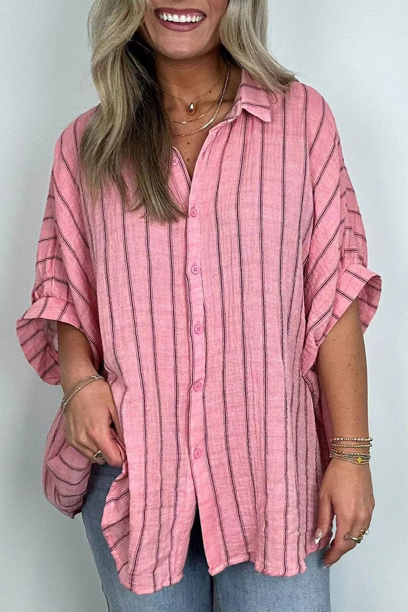 Daily Stripe Buttons Turndown Collar Blouses(8 Colors)