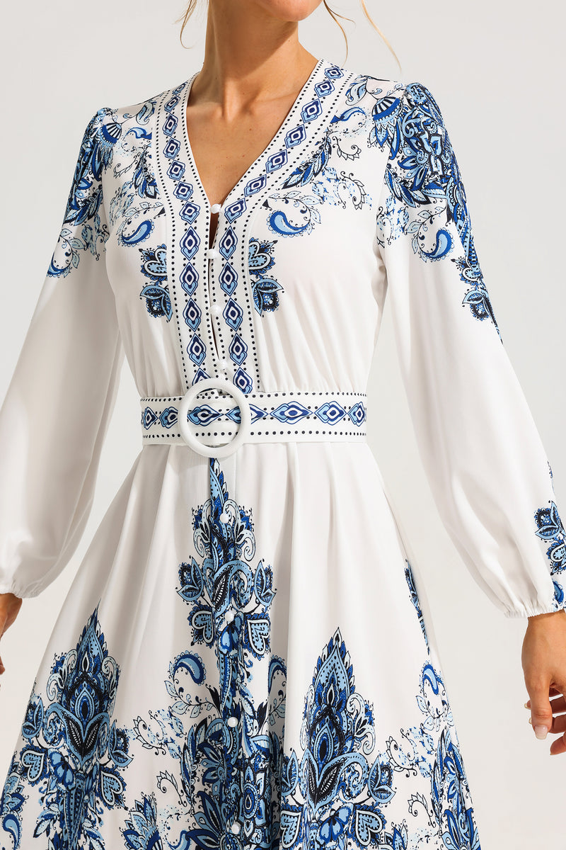 Paisley Single Breasted Long Sleeve Mini Dress With Belt