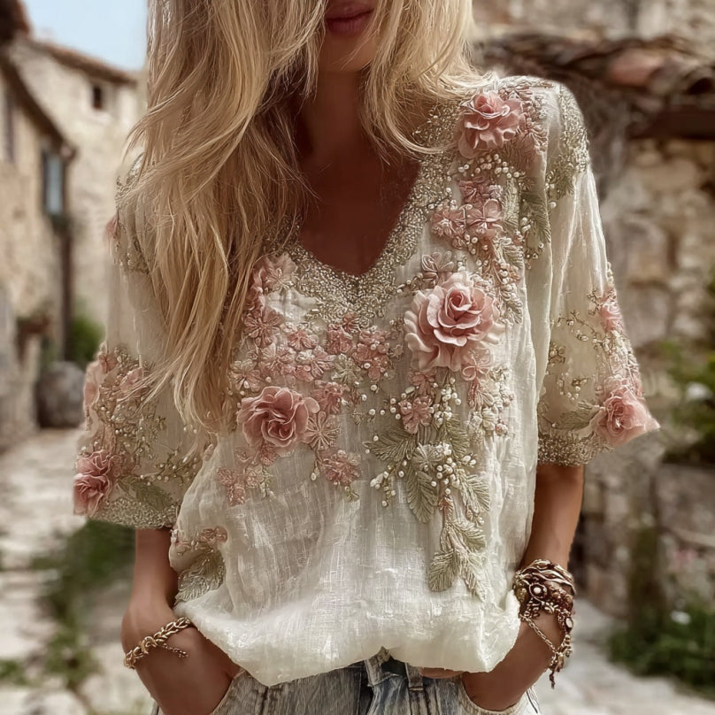 Women's Pink Rose Embroidery Art V-neck Linen Blend T-shirt elevenforest