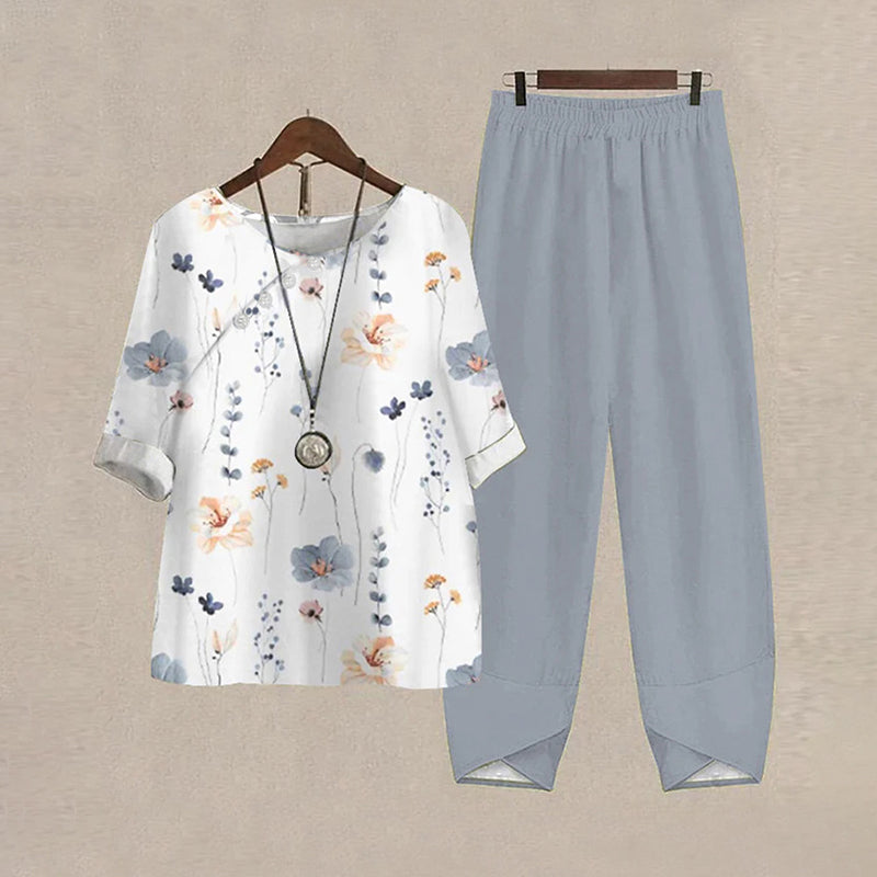 Botanical Floral Print Loose Fitting Top Pants Two Piece Set elevenforest