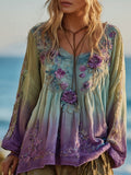 Vintage Purple Flowers Embroidered Gradient Linen Tunic elevenforest