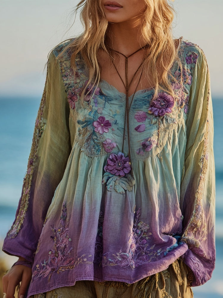 Vintage Purple Flowers Embroidered Gradient Linen Tunic elevenforest