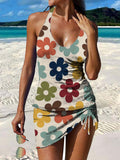 Retro Colorful Geometric Flowers Print Pleated Drawstring V-neck Tankini Pantskirt Set Swimsuit