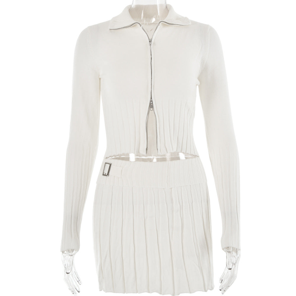 Autumn Winter Knitted Cardigan Long Sleeve Two Piece Set Pleated Skirt Set