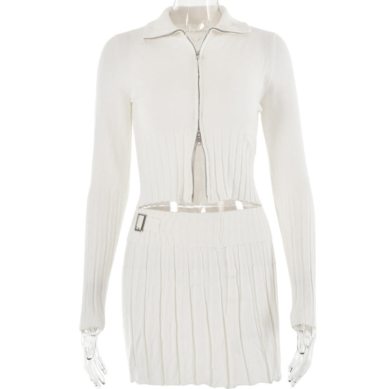 Autumn Winter Knitted Cardigan Long Sleeve Two Piece Set Pleated Skirt Set