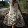 Vintage Boho Pink & White Roses Vines Lace Trim Flowy Linen Dress elevenforest