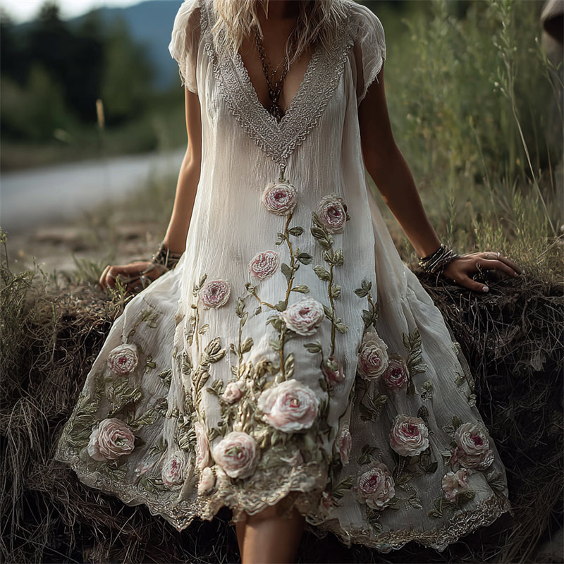 Vintage Boho Pink & White Roses Vines Lace Trim Flowy Linen Dress elevenforest