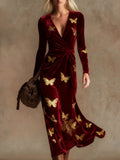 Elegant vintage print V-neck velvet maxi dress