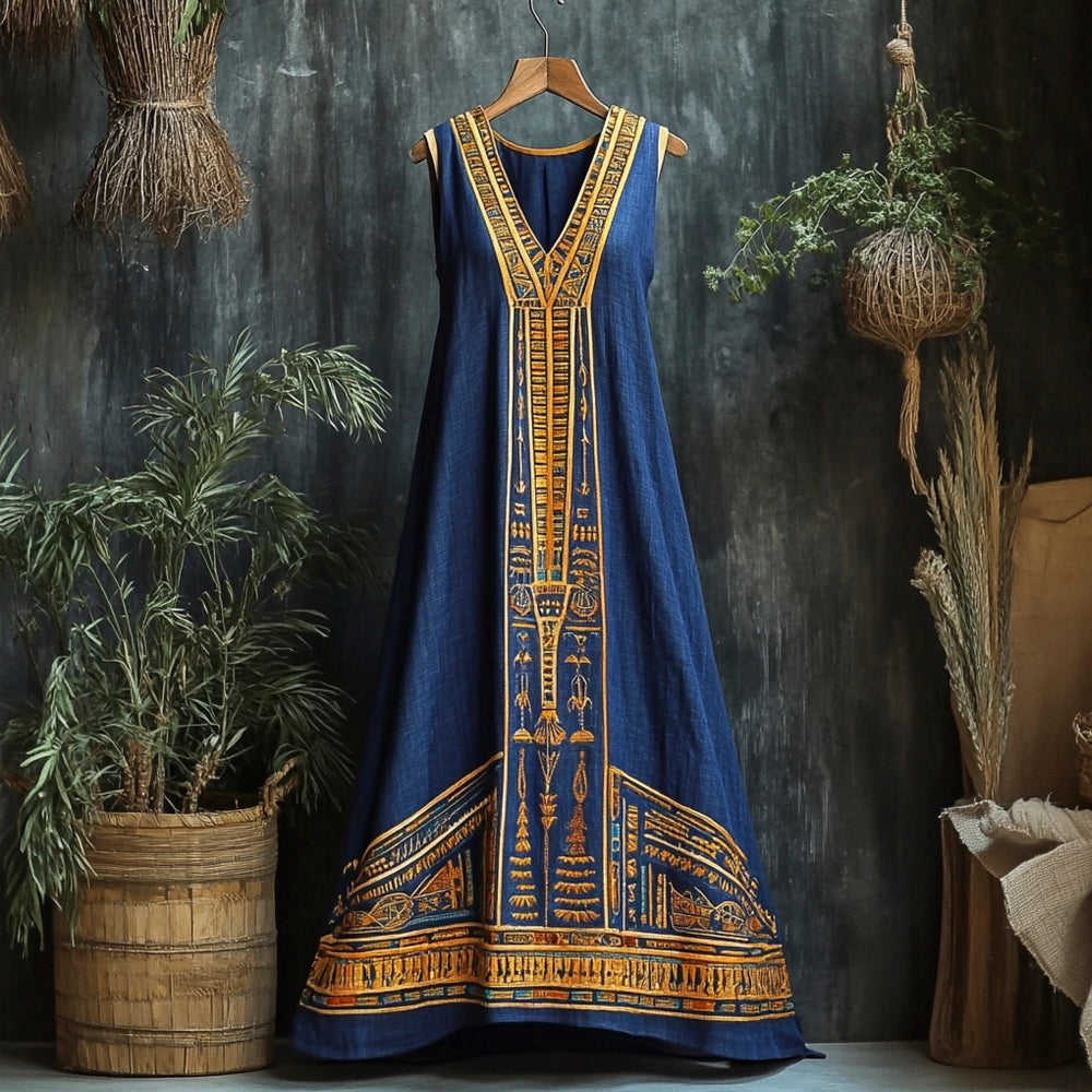 Egyptian Hieroglyphic Print Women's Linen Vest Maxi Dress elevenforest