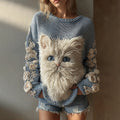 Comstylish Women's Cute Cat With Floral Art Knitted Warm Sweater