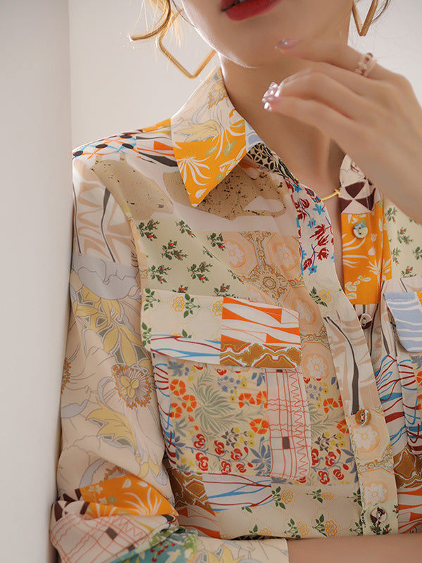 Long Sleeves Loose Buttoned Pockets Printed Lapel Blouses&shirts Tops