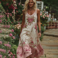 Women Vintage Floral Art V Neck Linen Maxi Dress elevenforest