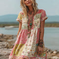 Women's Retro Bohemian Floral Stitching Short Sleeve Round Neck Dress elevenforest
