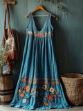 Vintage Boho Floral Embroidered Turquoise Linen Tank Dress elevenforest