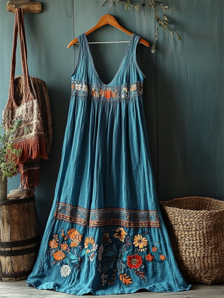 Vintage Boho Floral Embroidered Turquoise Linen Tank Dress elevenforest