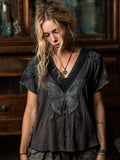 Viking Dark Style Thorn Butterfly Embroidery Vintage V-neck Short-sleeve Top elevenforest