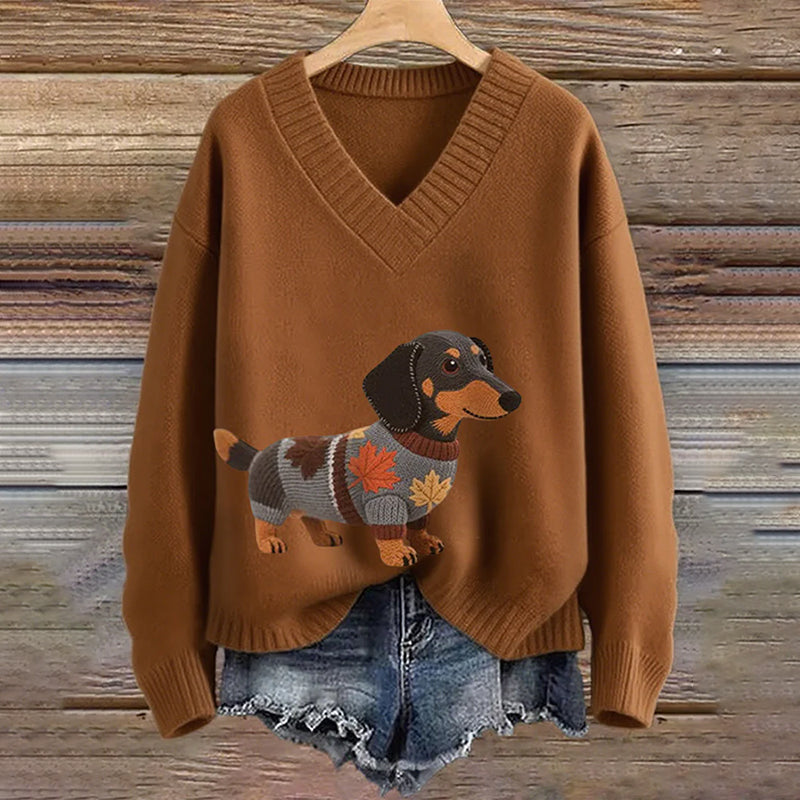 Comstylish Vintage Dachshund Felt In Gradient Art Inspired Embroidered Cozy Knit Sweater