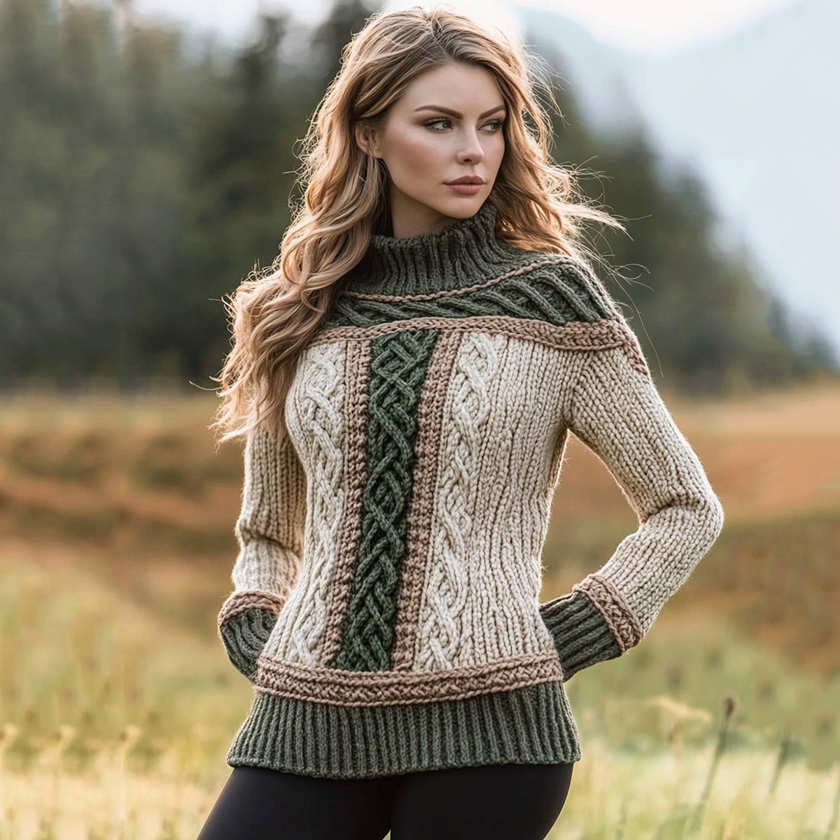 Women's Jacquard Contrast Turtleneck Cozy Aran Sweater elevenforest