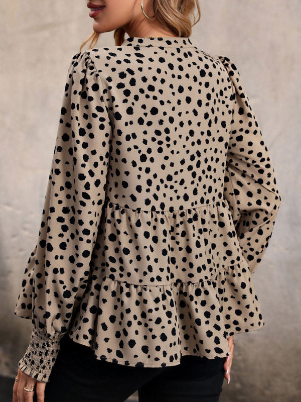 Long Sleeves Loose Elasticity Polka-dot Split-joint V-neck Blouses&shirts Tops