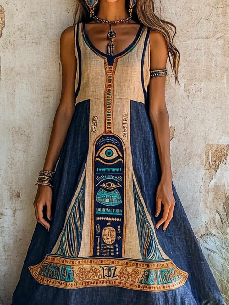 Eye Of Horus Ancient Egyptian Embroidered Vintage Linen Maxi Dress elevenforest