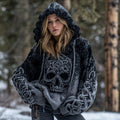 Women's Vintage Viking Tribal Celtic Skull Gradient Art Knit Hooded Sweater elevenforest