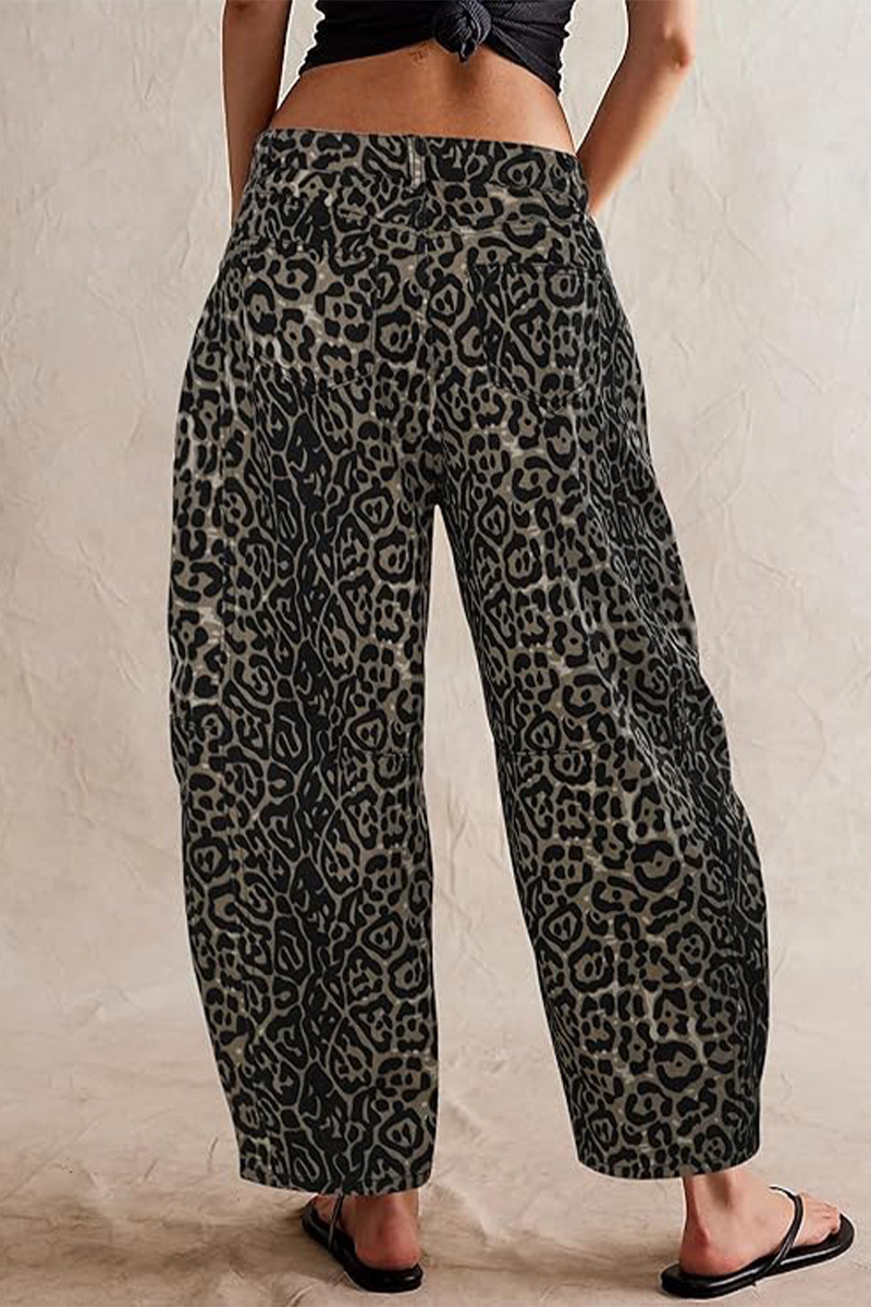 Street Leopard Pocket Mid Waist Loose Denim Jeans