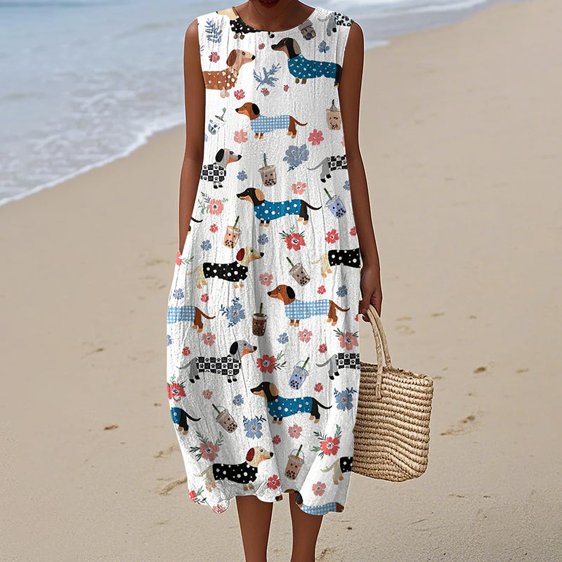 Comstylish Women's Cute Dachshund And Floral Print Linen Blend Tank Midi Dress