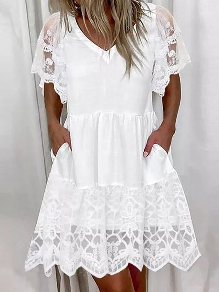 White Lace Trim Linen Blend Midi Dress elevenforest