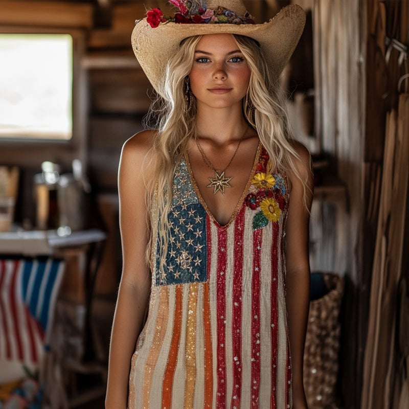 Floral American Flag Inspired Glitter Linen Tank Top elevenforest