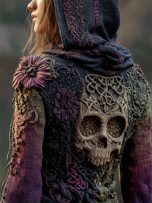 Comstylish Vintage Skull Floral Celtic Gradient Cozy Knit Hooded Sweater