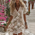 Women's Vintage Romantic White Rose Embroidery Art Comfy Linen Mini Dress elevenforest