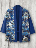 Japanese Art Wave Pattern Linen Blend Kimono Cardigan elevenforest