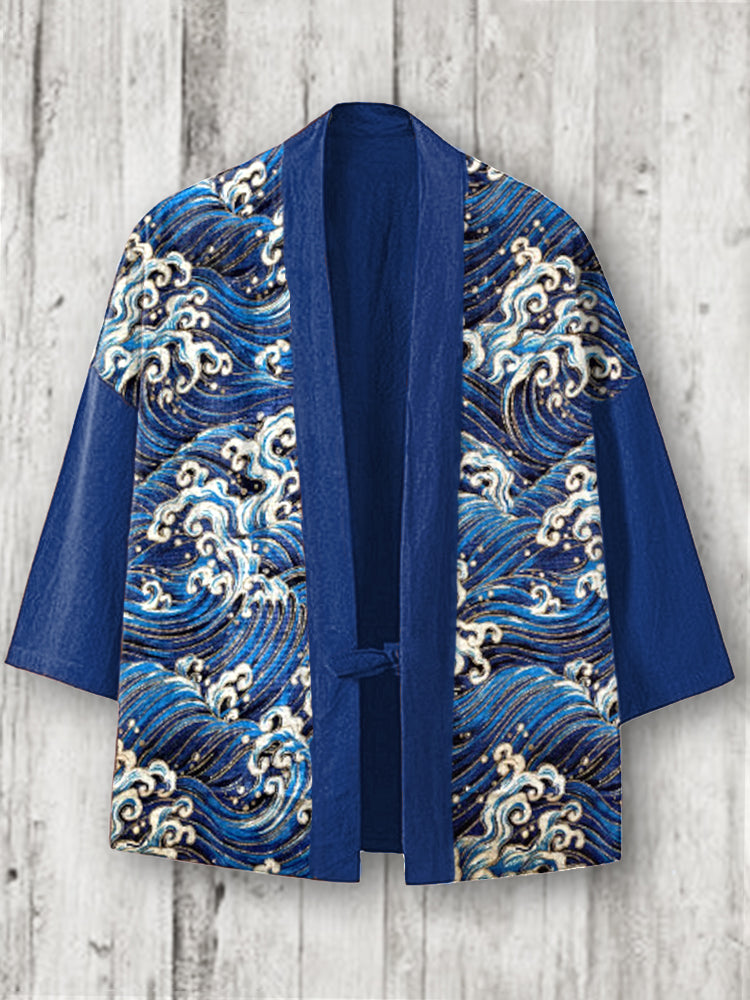 Japanese Art Wave Pattern Linen Blend Kimono Cardigan elevenforest