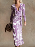 Elegant vintage print V-neck velvet maxi dress