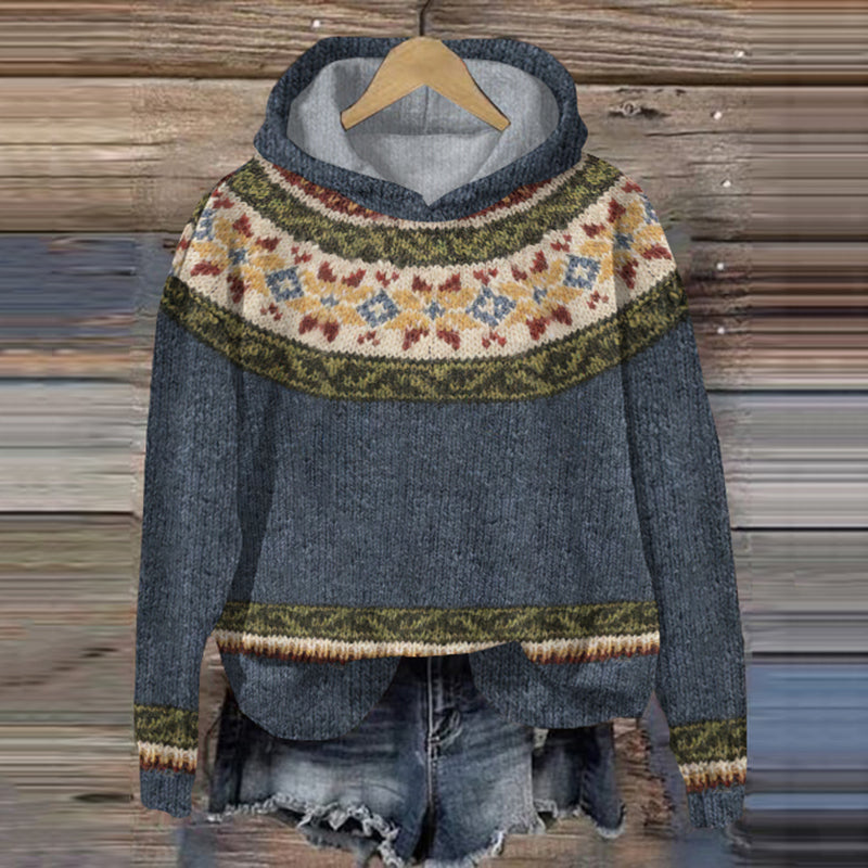 Vintage Icelandic Pattern Contrast Print Hooded Sweater elevenforest