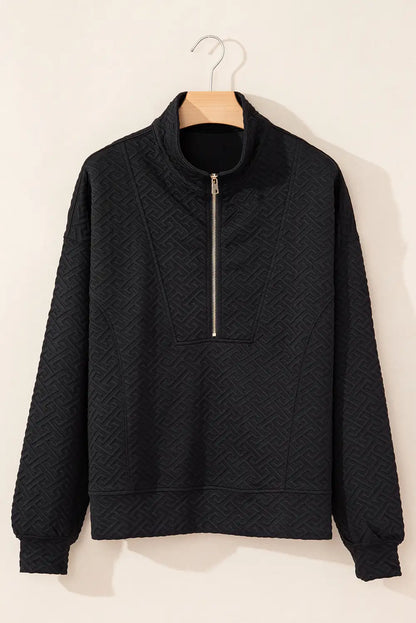 Fresh Black Textured Zipper Sweatshirt
