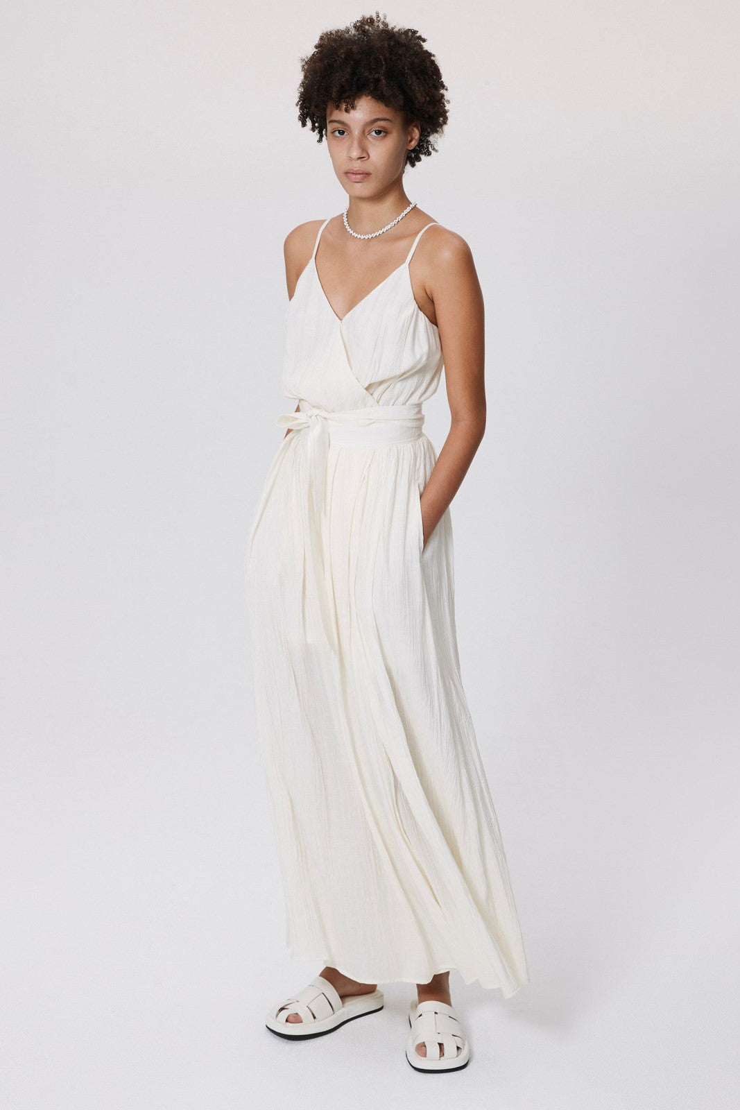 Wrapover Lace Up Cami Maxi Dress Beige