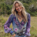 Women's Vintage Rose Art V-neck Long Sleeve Linen Blend T-shirt elevenforest